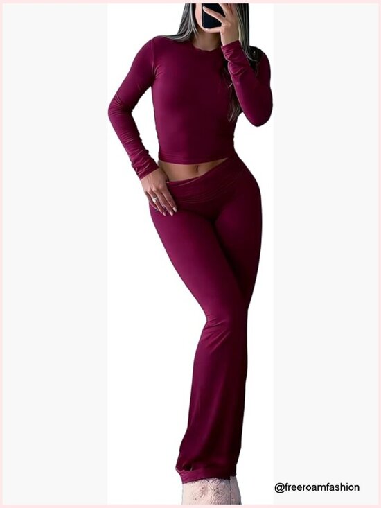 Pants - 2 Piece Lounge Set: Crop Top & High Waist Flare Pants, Tummy Control, Soft Knit